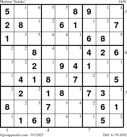 The grouppuzzles.com Medium Sudoku puzzle for Monday September 1, 2025 with all 6 steps marked