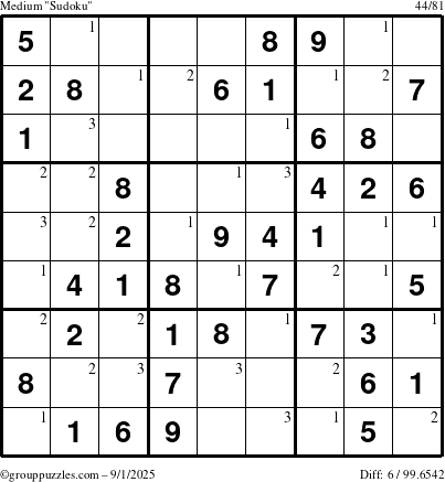 The grouppuzzles.com Medium Sudoku puzzle for Monday September 1, 2025 with the first 3 steps marked
