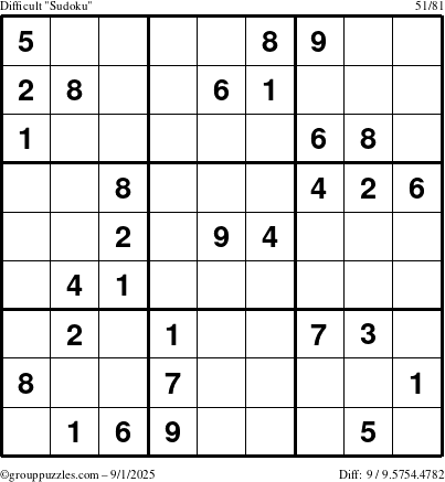 The grouppuzzles.com Difficult Sudoku puzzle for Monday September 1, 2025