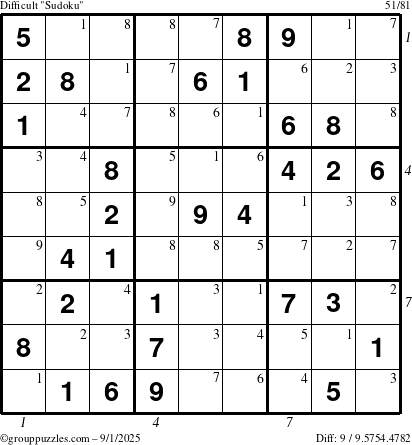 The grouppuzzles.com Difficult Sudoku puzzle for Monday September 1, 2025 with all 9 steps marked