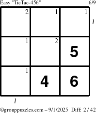The grouppuzzles.com Easy TicTac-456 puzzle for Monday September 1, 2025 with all 2 steps marked
