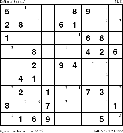 The grouppuzzles.com Difficult Sudoku puzzle for Monday September 1, 2025 with the first 3 steps marked
