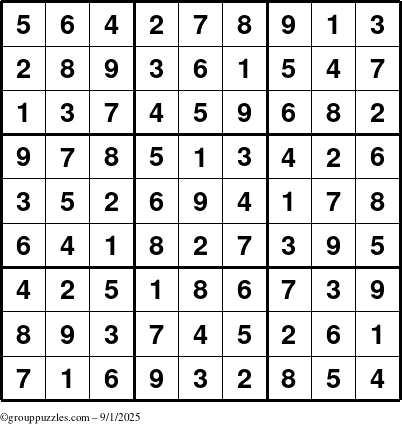 The grouppuzzles.com Answer grid for the Sudoku puzzle for Monday September 1, 2025
