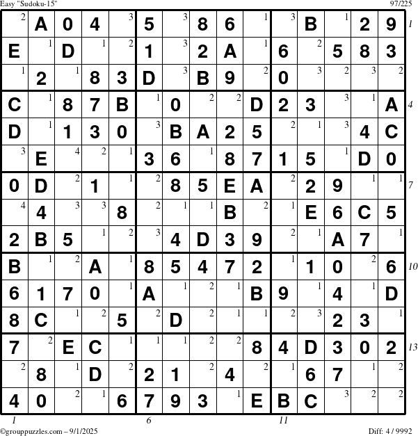 The grouppuzzles.com Easy Sudoku-15 puzzle for Monday September 1, 2025, suitable for printing, with all 4 steps marked