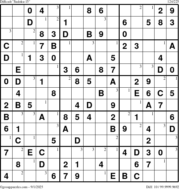 The grouppuzzles.com Difficult Sudoku-15 puzzle for Monday September 1, 2025 with the first 3 steps marked
