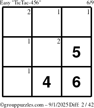The grouppuzzles.com Easy TicTac-456 puzzle for Monday September 1, 2025 with the first 2 steps marked