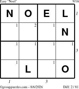 The grouppuzzles.com Easy Noel puzzle for Thursday August 6, 2026 with all 2 steps marked