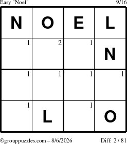 The grouppuzzles.com Easy Noel puzzle for Thursday August 6, 2026 with the first 2 steps marked