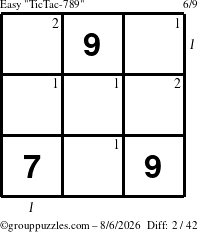 The grouppuzzles.com Easy TicTac-789 puzzle for Thursday August 6, 2026 with all 2 steps marked
