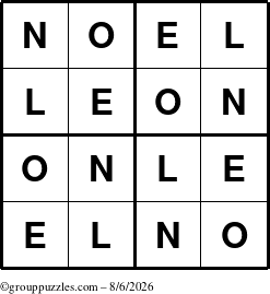 The grouppuzzles.com Answer grid for the Noel puzzle for Thursday August 6, 2026