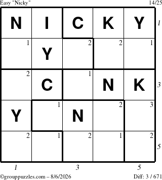 The grouppuzzles.com Easy Nicky puzzle for Thursday August 6, 2026 with all 3 steps marked
