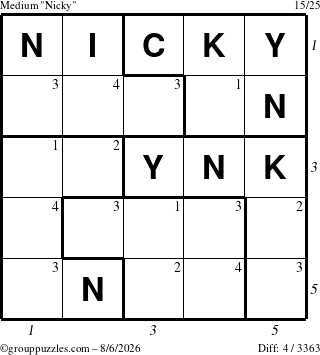 The grouppuzzles.com Medium Nicky puzzle for Thursday August 6, 2026 with all 4 steps marked