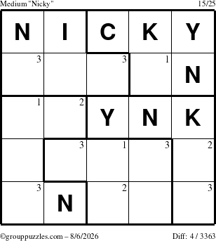 The grouppuzzles.com Medium Nicky puzzle for Thursday August 6, 2026 with the first 3 steps marked