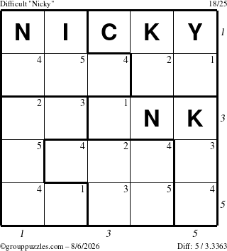 The grouppuzzles.com Difficult Nicky puzzle for Thursday August 6, 2026, suitable for printing, with all 5 steps marked