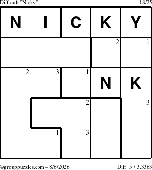 The grouppuzzles.com Difficult Nicky puzzle for Thursday August 6, 2026 with the first 3 steps marked