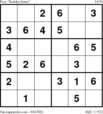 The grouppuzzles.com Easy Sudoku-Junior puzzle for Thursday August 6, 2026