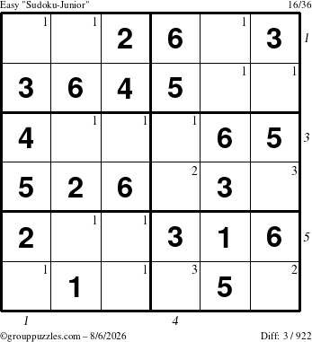 The grouppuzzles.com Easy Sudoku-Junior puzzle for Thursday August 6, 2026, suitable for printing, with all 3 steps marked