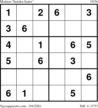 The grouppuzzles.com Medium Sudoku-Junior puzzle for Thursday August 6, 2026
