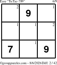 The grouppuzzles.com Easy TicTac-789 puzzle for Thursday August 6, 2026 with the first 2 steps marked