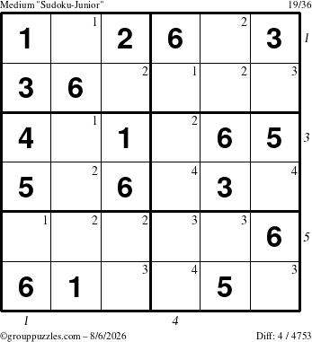The grouppuzzles.com Medium Sudoku-Junior puzzle for Thursday August 6, 2026, suitable for printing, with all 4 steps marked