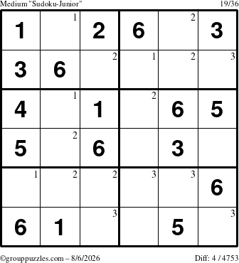 The grouppuzzles.com Medium Sudoku-Junior puzzle for Thursday August 6, 2026 with the first 3 steps marked