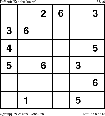 The grouppuzzles.com Difficult Sudoku-Junior puzzle for Thursday August 6, 2026