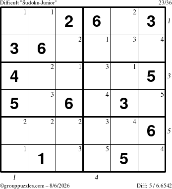 The grouppuzzles.com Difficult Sudoku-Junior puzzle for Thursday August 6, 2026 with all 5 steps marked