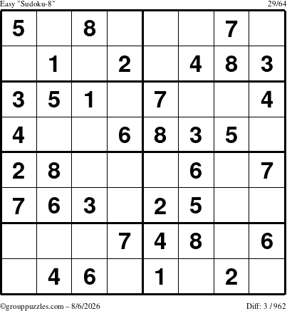 The grouppuzzles.com Easy Sudoku-8 puzzle for Thursday August 6, 2026