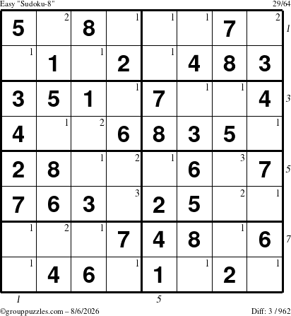 The grouppuzzles.com Easy Sudoku-8 puzzle for Thursday August 6, 2026 with all 3 steps marked