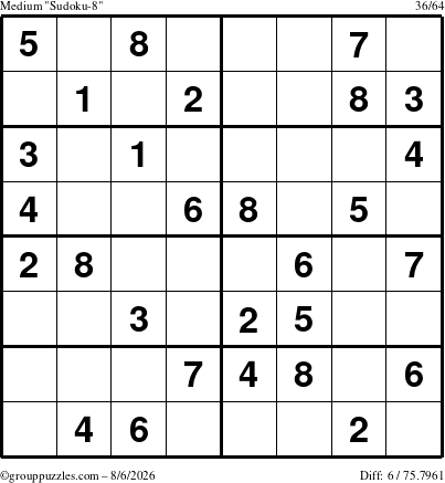 The grouppuzzles.com Medium Sudoku-8 puzzle for Thursday August 6, 2026