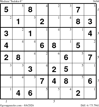 The grouppuzzles.com Medium Sudoku-8 puzzle for Thursday August 6, 2026, suitable for printing, with all 6 steps marked