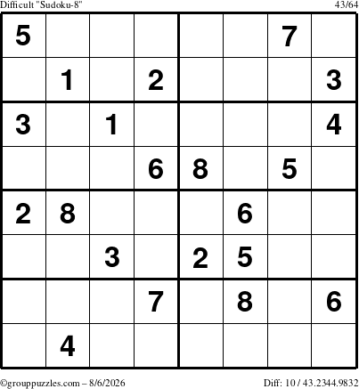 The grouppuzzles.com Difficult Sudoku-8 puzzle for Thursday August 6, 2026