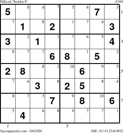 The grouppuzzles.com Difficult Sudoku-8 puzzle for Thursday August 6, 2026, suitable for printing, with all 10 steps marked