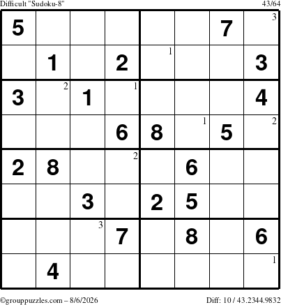 The grouppuzzles.com Difficult Sudoku-8 puzzle for Thursday August 6, 2026 with the first 3 steps marked
