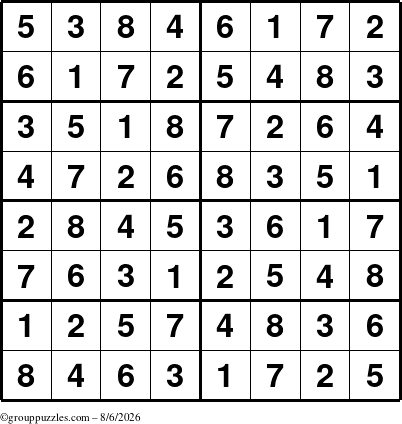 The grouppuzzles.com Answer grid for the Sudoku-8 puzzle for Thursday August 6, 2026