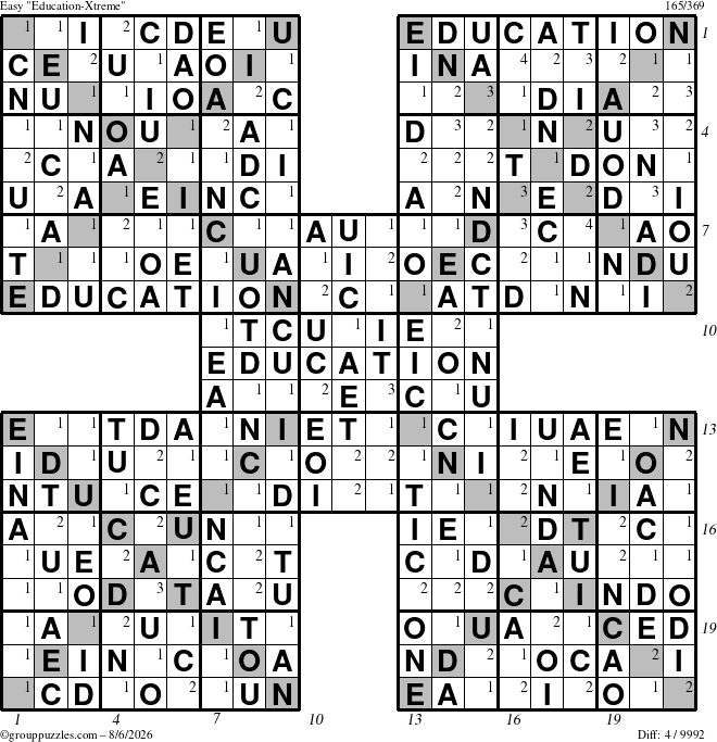 The grouppuzzles.com Easy Education-Xtreme puzzle for Thursday August 6, 2026 with all 4 steps marked