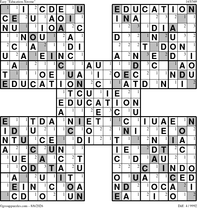 The grouppuzzles.com Easy Education-Xtreme puzzle for Thursday August 6, 2026 with the first 3 steps marked