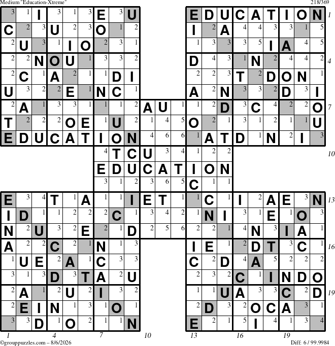 The grouppuzzles.com Medium Education-Xtreme puzzle for Thursday August 6, 2026 with all 6 steps marked