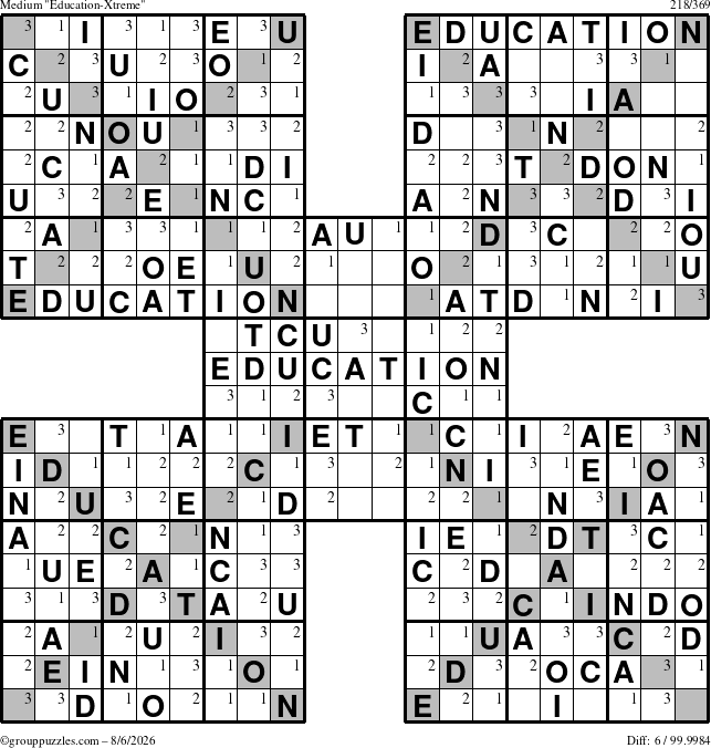 The grouppuzzles.com Medium Education-Xtreme puzzle for Thursday August 6, 2026 with the first 3 steps marked