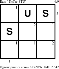 The grouppuzzles.com Easy TicTac-STU puzzle for Thursday August 6, 2026 with all 2 steps marked