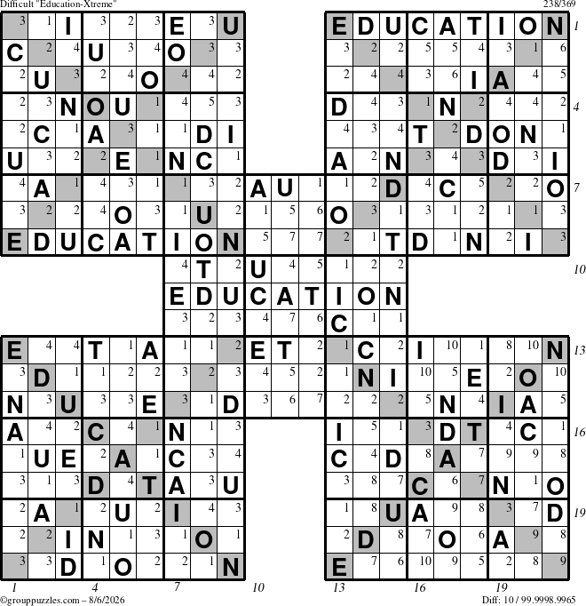 The grouppuzzles.com Difficult Education-Xtreme puzzle for Thursday August 6, 2026, suitable for printing, with all 10 steps marked