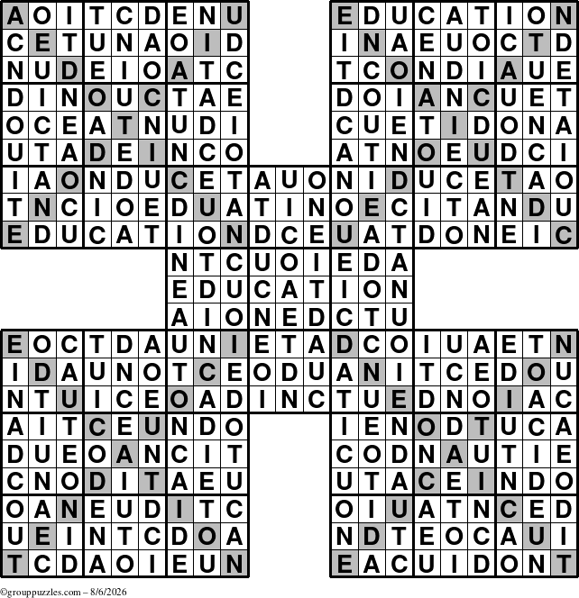The grouppuzzles.com Answer grid for the Education-Xtreme puzzle for Thursday August 6, 2026