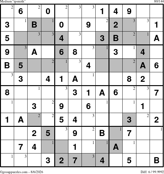 The grouppuzzles.com Medium tpsmith puzzle for Thursday August 6, 2026 with the first 3 steps marked
