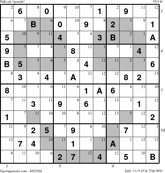 The grouppuzzles.com Difficult tpsmith puzzle for Thursday August 6, 2026, suitable for printing, with all 13 steps marked