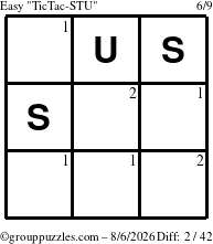 The grouppuzzles.com Easy TicTac-STU puzzle for Thursday August 6, 2026 with the first 2 steps marked