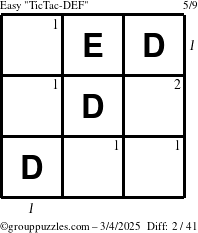 The grouppuzzles.com Easy TicTac-DEF puzzle for Tuesday March 4, 2025 with all 2 steps marked