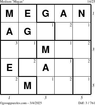 The grouppuzzles.com Medium Megan puzzle for Tuesday March 4, 2025, suitable for printing, with all 3 steps marked