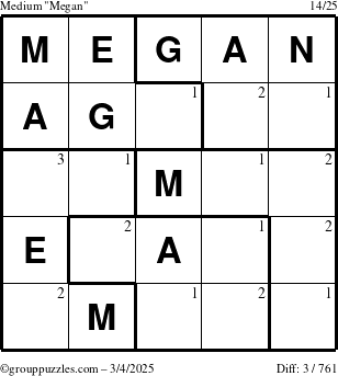 The grouppuzzles.com Medium Megan puzzle for Tuesday March 4, 2025 with the first 3 steps marked