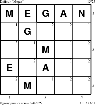 The grouppuzzles.com Difficult Megan puzzle for Tuesday March 4, 2025 with all 3 steps marked