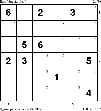 The grouppuzzles.com Easy Sudoku-6up puzzle for Tuesday March 4, 2025, suitable for printing, with all 4 steps marked